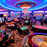 rr88 casino scene with vibrant gaming tables, luxury atmosphere, and engaged players