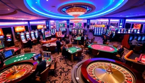 rr88 casino scene with vibrant gaming tables, luxury atmosphere, and engaged players