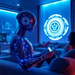 AI sex interaction in a futuristic, intimate setting with advanced technology.