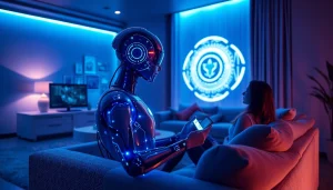 AI sex interaction in a futuristic, intimate setting with advanced technology.