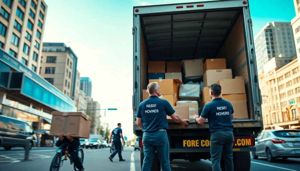Movers Vancouver loading a truck in a bustling urban environment, showcasing teamwork.