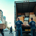 Movers Vancouver loading a truck in a bustling urban environment, showcasing teamwork.