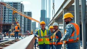Workers engaging in structural steel installation on a construction site showcasing teamwork and efficiency.
