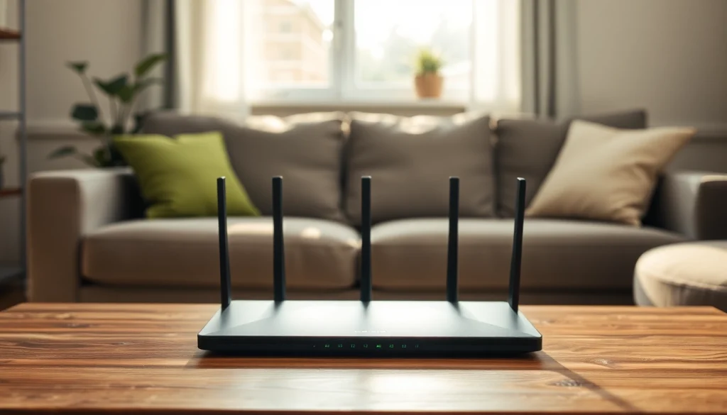 Setting up a vpn router for home in a modern living room with natural light and friendly ambiance.