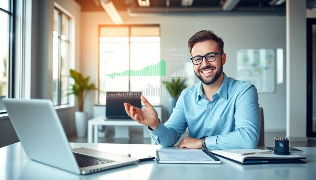 BOX138 financial success scene with confident individual in modern office, showcasing digital withdrawal process.