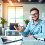 BOX138 financial success scene with confident individual in modern office, showcasing digital withdrawal process.