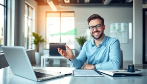 BOX138 financial success scene with confident individual in modern office, showcasing digital withdrawal process.