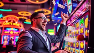 Membagikan kemenangan besar di petanitoto dengan suasana kasino yang ceria dan penuh warna.