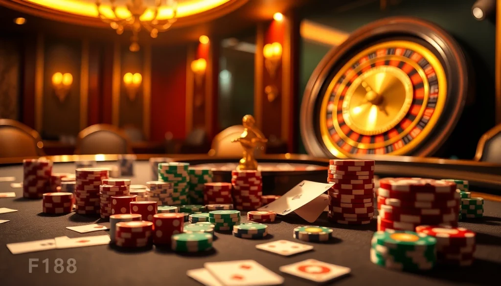 Experience the excitement of เจ้ามือรับแทง F168 with vibrant casino elements like cards and roulette wheels.