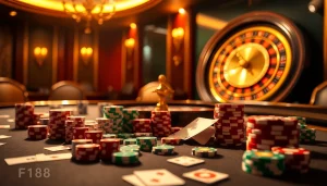 Experience the excitement of เจ้ามือรับแทง F168 with vibrant casino elements like cards and roulette wheels.