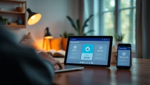 快连VPN interface showcased on multiple devices in a modern workspace, emphasizing speed and security.