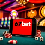 Exciting gaming scene showcasing the 67bet App on a smartphone amidst vibrant casino elements.