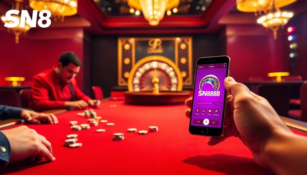 Experience the thrill of betting with the SN888 App displayed on a luxurious poker table.