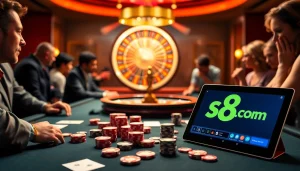 An engaging casino scene with s8 com digital interface and poker action, capturing the excitement of online gambling.