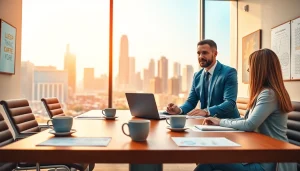 Engaging scene of a business coach Los Angeles guiding a client in vibrant urban setting.