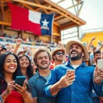 Engaged fans participating in sports betting Texas at a lively stadium event.