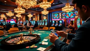 Intense gaming action at Nhà cái MM88 with vibrant casino tables and slot machines.