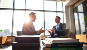 Consultation with an environmental lawyer in a modern office, emphasizing expertise in environmental law.