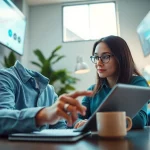 Engaged user utilizing innovative ai apps in a dynamic office environment