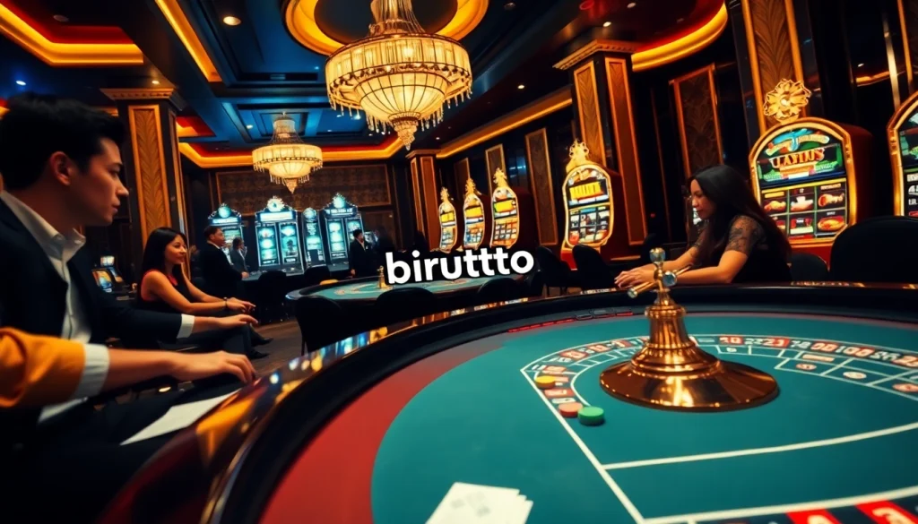 Gamblers enjoying an exciting game experience at a luxurious casino, highlighting birutoto engagement and online technology.
