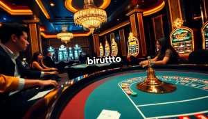 Gamblers enjoying an exciting game experience at a luxurious casino, highlighting birutoto engagement and online technology.