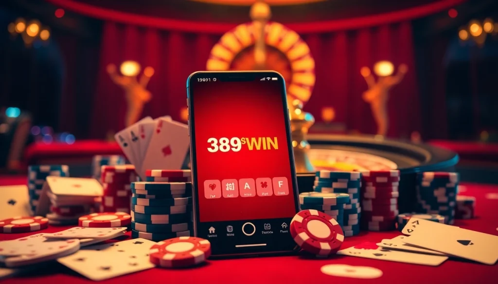 Experience the 389WIN App in an elegant online casino atmosphere with gaming elements.