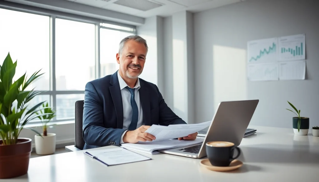 SMSF auditor reviewing financial records in a modern office setting.