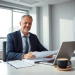 SMSF auditor reviewing financial records in a modern office setting.