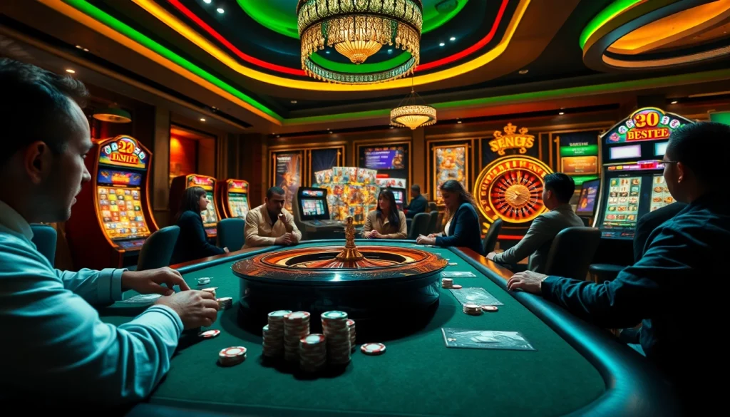 The 54BET App enhances casino excitement with players at a poker table amidst colorful slot machines.