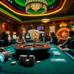 The 54BET App enhances casino excitement with players at a poker table amidst colorful slot machines.