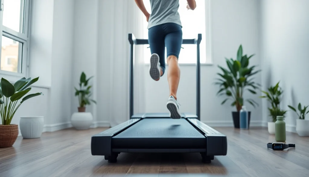 Home treadmill manufacturer showcasing a modern home gym setup with a sleek treadmill and workout accessories.