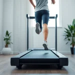 Home treadmill manufacturer showcasing a modern home gym setup with a sleek treadmill and workout accessories.