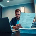 Traducteur assermenté allemand professionnel travaillant dans un bureau moderne avec des documents juridiques.