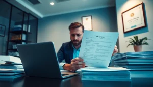 Traducteur assermenté allemand professionnel travaillant dans un bureau moderne avec des documents juridiques.