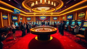 Experience excitement at the Sinbet.ink casino with vibrant games, roulette tables, and engaging players.