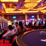 Engaging scene of players enjoying slot bet kecil with vibrant neon lights and casino tables.