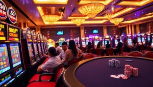 Engaging scene of players enjoying slot bet kecil with vibrant neon lights and casino tables.