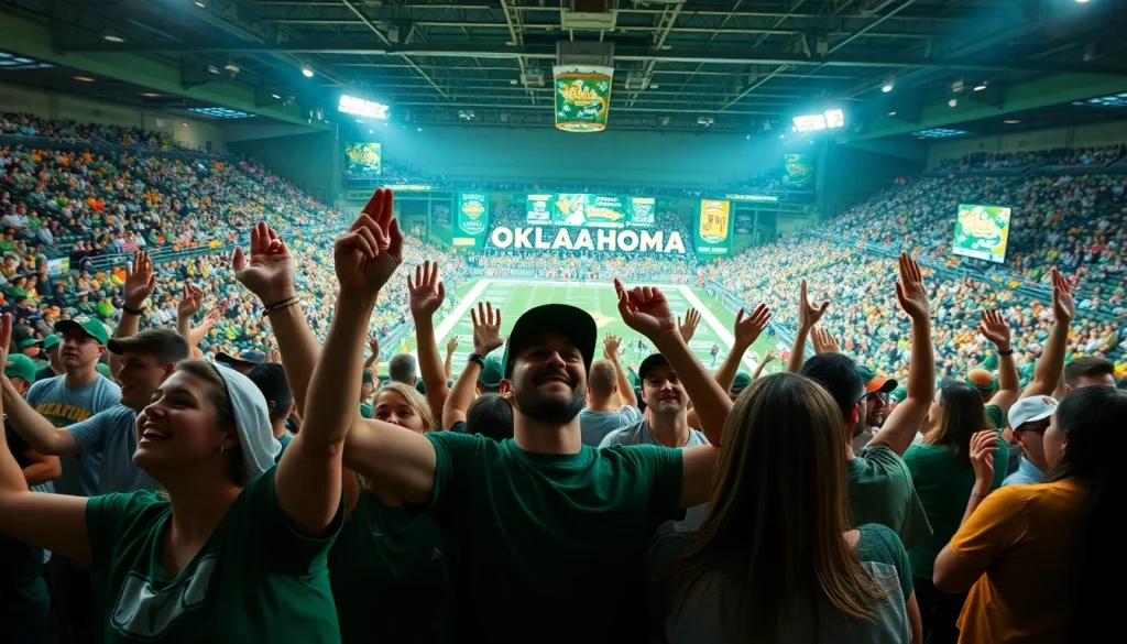 Engaged fans enjoying sports betting Oklahoma at an exciting sports event in a lively setting.