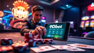 A player engages with the 9Dbet App, surrounded by casino elements like poker chips and slot machines.