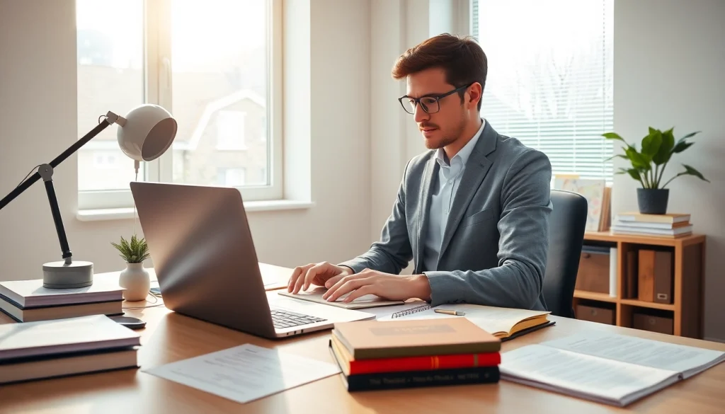 Professional workspace illustrating beëdigde vertaling with translator tools and documents.