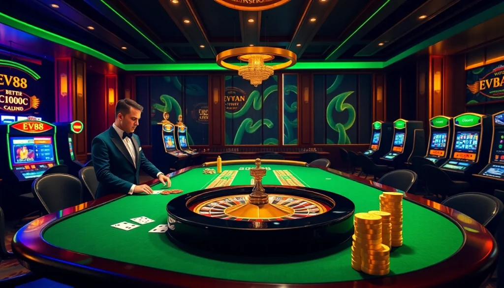 Engage with EV88's exciting gaming atmosphere featuring casino tables, chips, and vibrant lights.