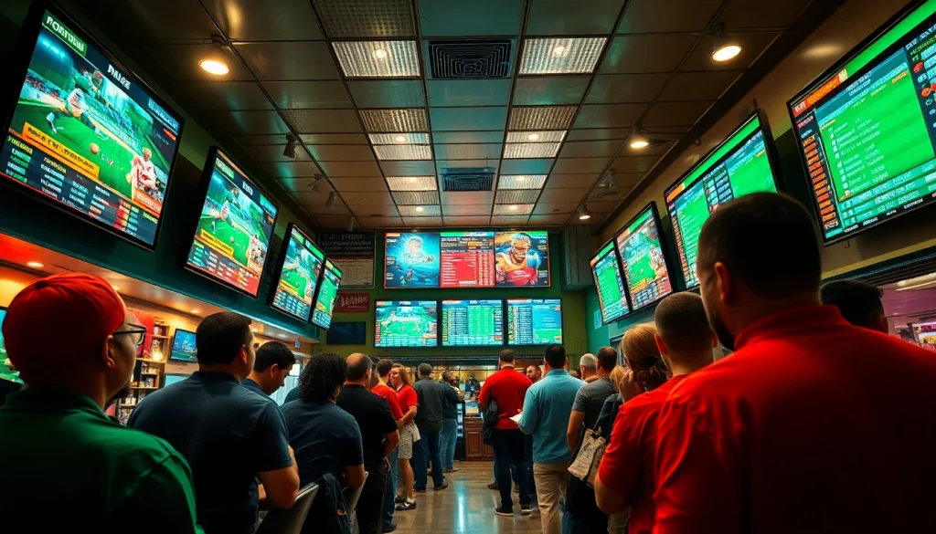Engaging scene of sports betting Georgia in a lively betting shop with patrons discussing odds.