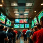 Engaging scene of sports betting Georgia in a lively betting shop with patrons discussing odds.