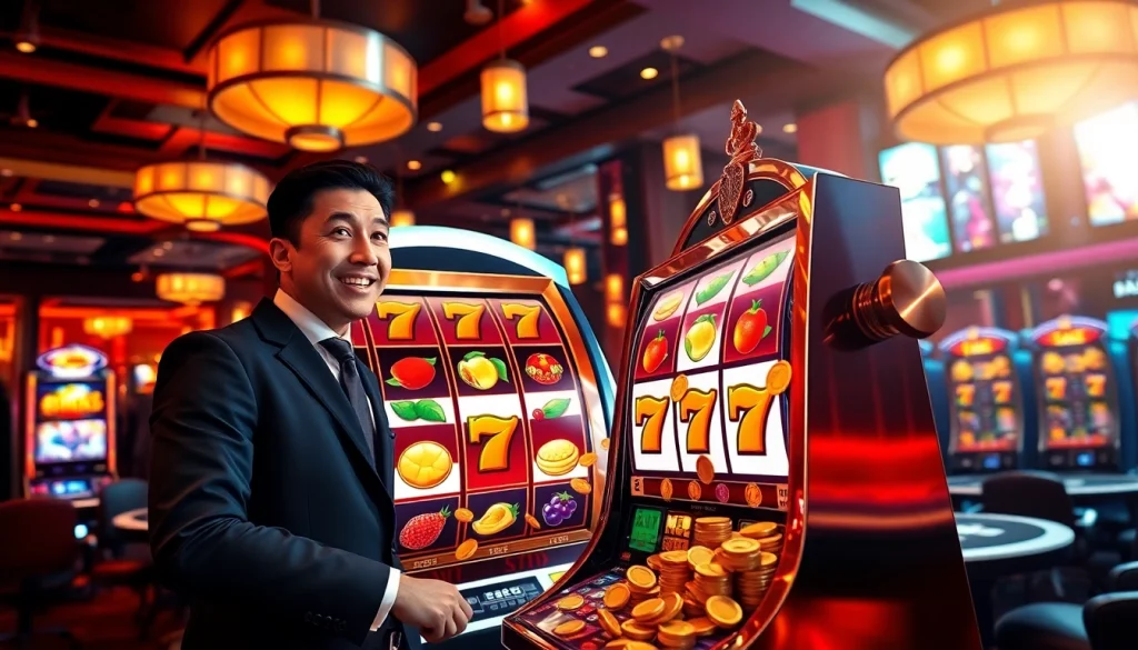 Experience Slot Gacor Hari ini on vibrant slot machines with players celebrating wins in a luxurious casino.