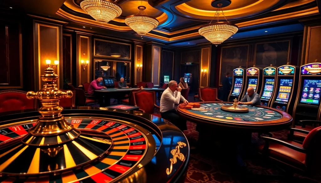 Experience the excitement at Hi88 Casino with vibrant poker tables and roulette wheels.