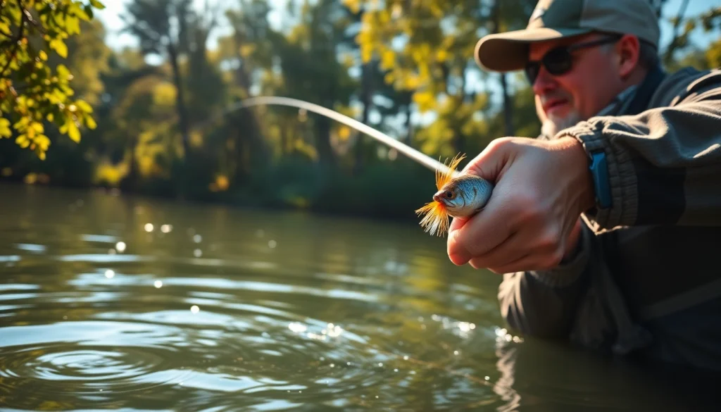 Engaging in fly fishing for bass with colorful popper flies in a serene freshwater environment.
