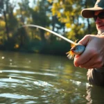 Engaging in fly fishing for bass with colorful popper flies in a serene freshwater environment.