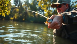 Engaging in fly fishing for bass with colorful popper flies in a serene freshwater environment.