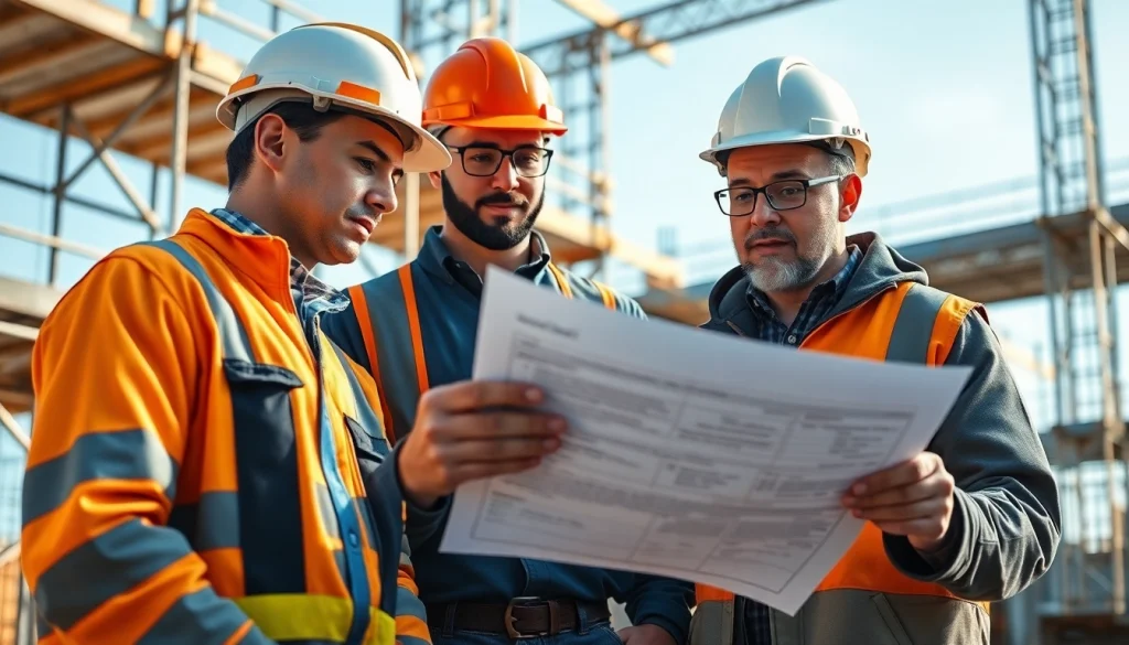 Reviewing the DAS 142 form with construction workers at a busy construction site.