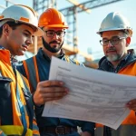 Reviewing the DAS 142 form with construction workers at a busy construction site.